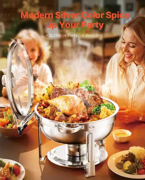 SVOPES 5 qt. Chafing Dish Set, 2 Pack Stainless Steel Round Buffet Chafer with Full Size Pans, Glass Lid, Water Pan, Silver