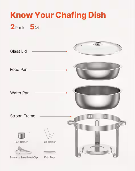 SVOPES 5 qt. Chafing Dish Set, 2 Pack Stainless Steel Round Buffet Chafer with Full Size Pans, Glass Lid, Water Pan, Silver