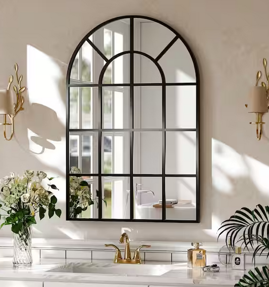 Black 24 in. W x 36 in. H Arched Windowpane Aluminum Alloy Framed Mirror Wall Mirror