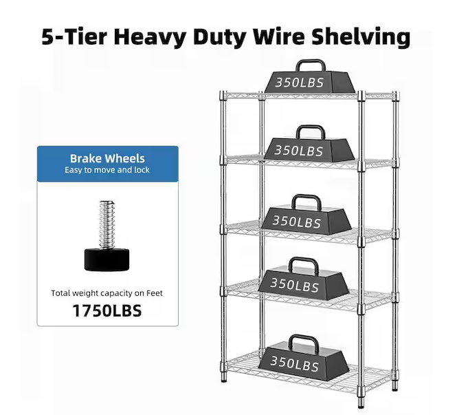 Tileon Heavy Duty 5-Tier Utility Shelving Unit, 1750 lbs. Steel Organizer Wire Rack for Kitchen, Office, Garage in Chrome