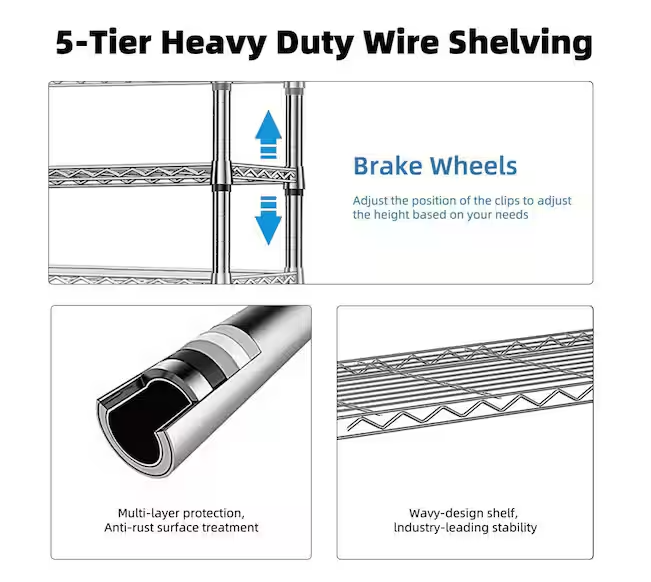 Tileon Heavy Duty 5-Tier Utility Shelving Unit, 1750 lbs. Steel Organizer Wire Rack for Kitchen, Office, Garage in Chrome