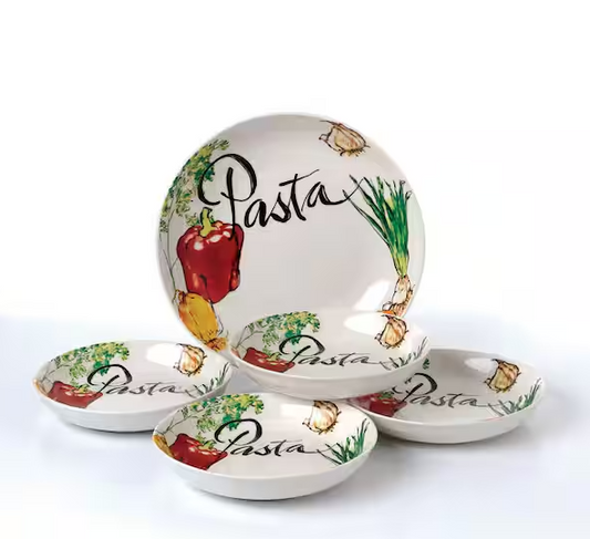 Lorren Home Trends 11 in. 52 fl. oz. Vegetable 5-Piece White Porcelain Pasta Serving Bowl Set