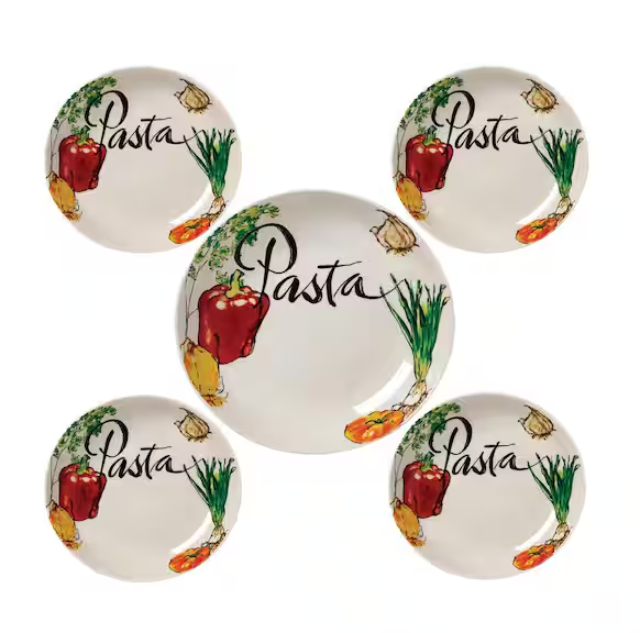 Lorren Home Trends 11 in. 52 fl. oz. Vegetable 5-Piece White Porcelain Pasta Serving Bowl Set