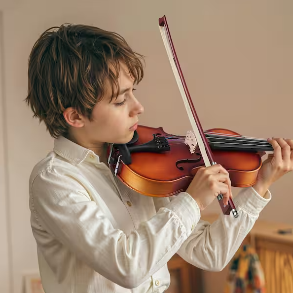 SKYSHALO Violin 1/4 Size Violin Fiddle Set w/ Hard Case Rosin Bow Shoulder Rest Bridge Tuner and Extra Strings Solidwood (Brown)