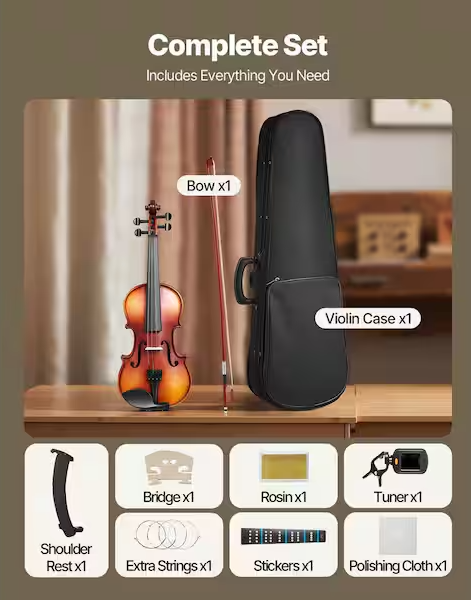 SKYSHALO Violin 1/4 Size Violin Fiddle Set w/ Hard Case Rosin Bow Shoulder Rest Bridge Tuner and Extra Strings Solidwood (Brown)