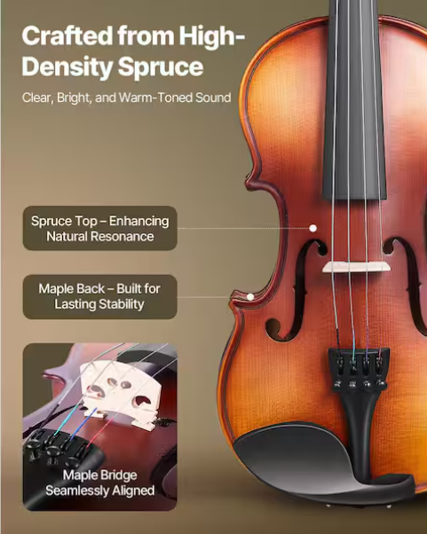 SKYSHALO Violin 1/4 Size Violin Fiddle Set w/ Hard Case Rosin Bow Shoulder Rest Bridge Tuner and Extra Strings Solidwood (Brown)