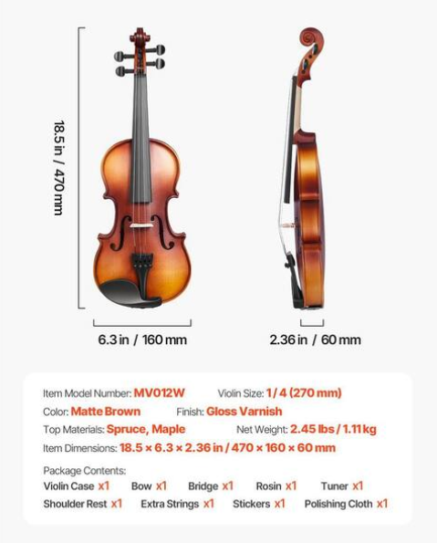 SKYSHALO Violin 1/4 Size Violin Fiddle Set w/ Hard Case Rosin Bow Shoulder Rest Bridge Tuner and Extra Strings Solidwood (Brown)