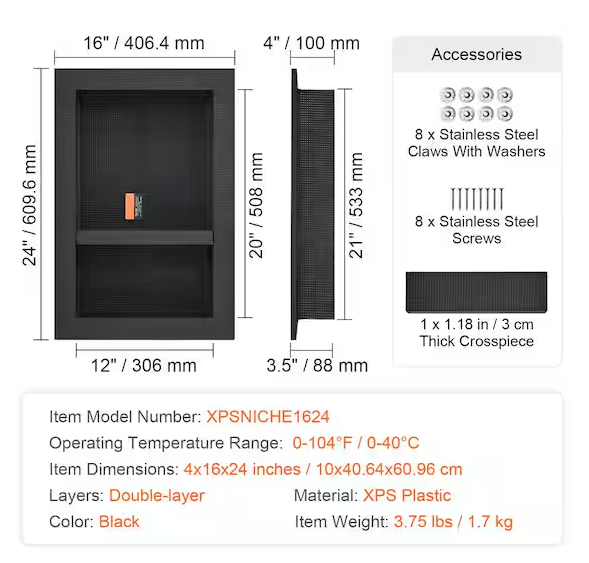 16 in. W x 24 in. H x 3.5 in. D Shower Niche Ready for Tile Double Shelf Organizer in Black