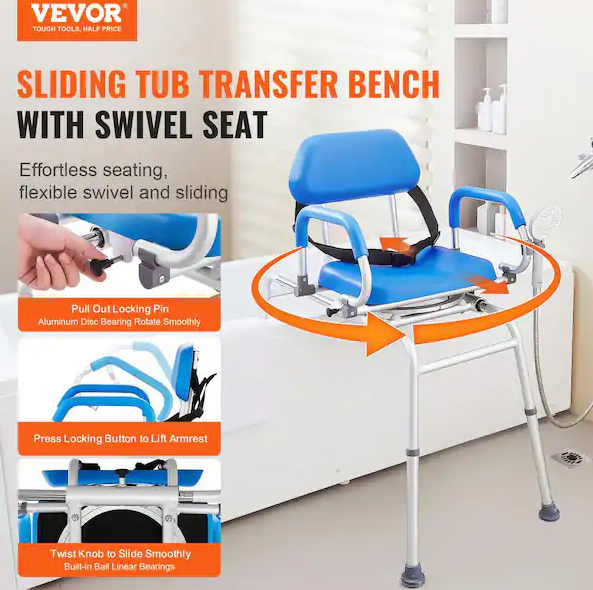Sliding Tub Transfer Bench 13 in. W Freestanding Shower Bench Reversible Backrest Shower Bench in White