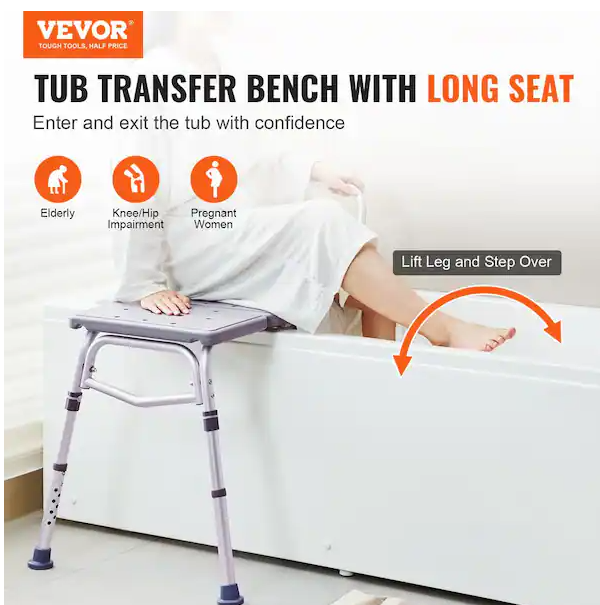 Tub Transfer Bench for Bathtub 16 in. W Freestanding Shower Bench Lightweight Shower Bench in Gray with Armrest