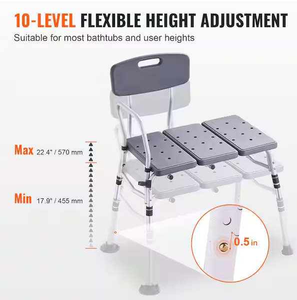 Tub Transfer Bench for Bathtub 16 in. W Freestanding Shower Bench Lightweight Shower Bench in Gray with Armrest