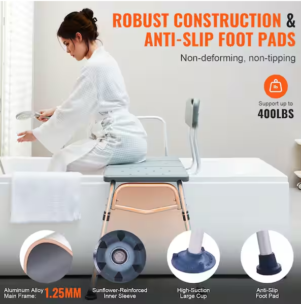 Tub Transfer Bench for Bathtub 16 in. W Freestanding Shower Bench Lightweight Shower Bench in Gray with Armrest