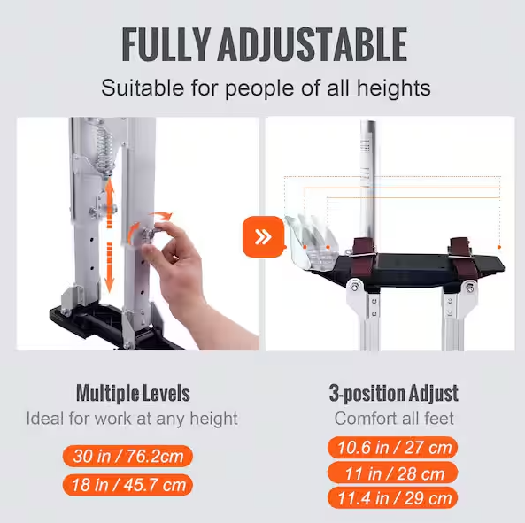 SVOPES Adjustable Drywall Stilts, 18 in. to 30 in. Aluminum Tool Stilts with Protective Knee Pads, Non-Slip Work Stilts, Silver
