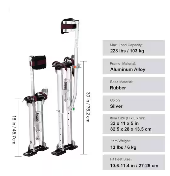 SVOPES Adjustable Drywall Stilts, 18 in. to 30 in. Aluminum Tool Stilts with Protective Knee Pads, Non-Slip Work Stilts, Silver