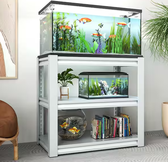 31.5 in. H 3-Shelf Antique White Metal Pantry Organizer 40-50 Gal. Fish Tank Stand Metal Shelving w/Adjustable Shelve