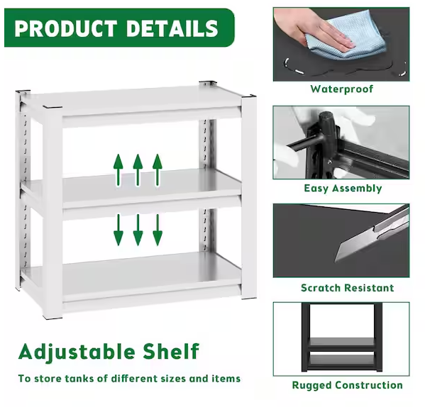 31.5 in. H 3-Shelf Antique White Metal Pantry Organizer 40-50 Gal. Fish Tank Stand Metal Shelving w/Adjustable Shelve