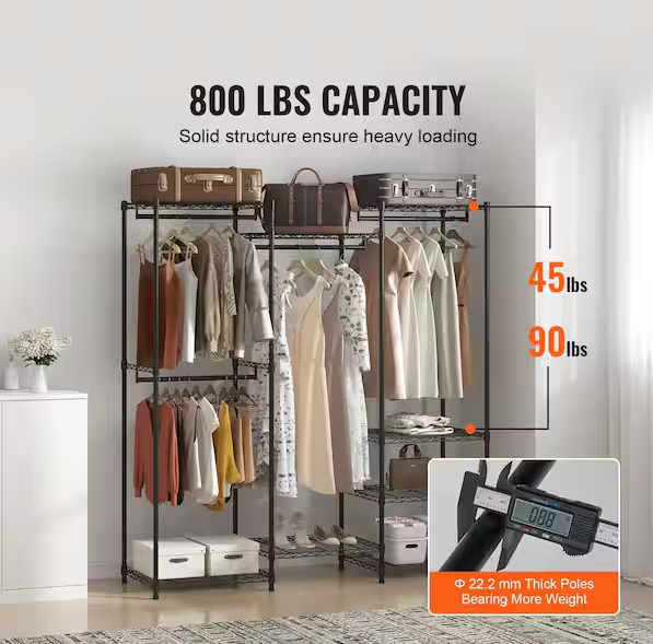 SKYSHALO Heavy Duty Clothes Rack, Rolling Clothing Garment Rack with 4-Hang Rods, Freestanding Wardrobe, 800 lbs. Load Black