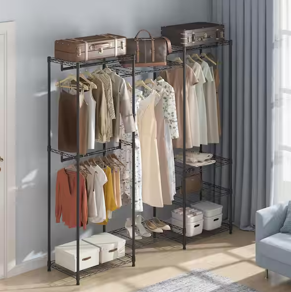 SKYSHALO Heavy Duty Clothes Rack, Rolling Clothing Garment Rack with 4-Hang Rods, Freestanding Wardrobe, 800 lbs. Load Black