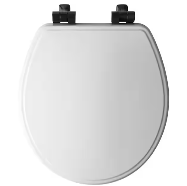 BEMIS Weston Round Soft Close Enameled Wood Never Loosens Matte Black Metal Hinge Toilet Seat in White