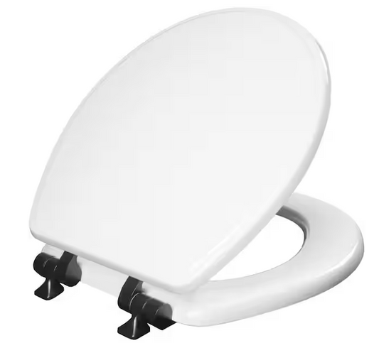 BEMIS Weston Round Soft Close Enameled Wood Never Loosens Matte Black Metal Hinge Toilet Seat in White