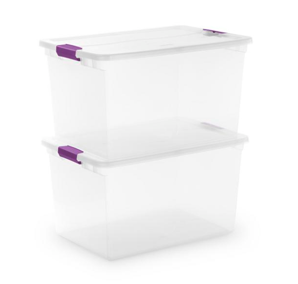 Stelirite 66 Qt. Clear Plastic Latch Box, sweet plum Latches with Clear Lid set 3