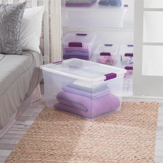 Stelirite 66 Qt. Clear Plastic Latch Box, sweet plum Latches with Clear Lid set 3