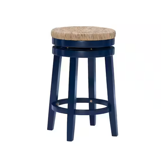 Powell Company Mesquite 25 in. Navy Blue Backless Wood Counter Stool with Seagrass Seat