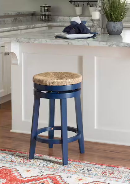 Powell Company Mesquite 25 in. Navy Blue Backless Wood Counter Stool with Seagrass Seat
