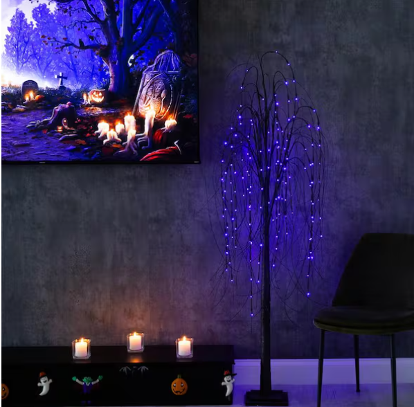 Nearly Natural 6 ft. Artificial Halloween Black Willow Tree Pre-Lit with Orange and Purple LED Lights