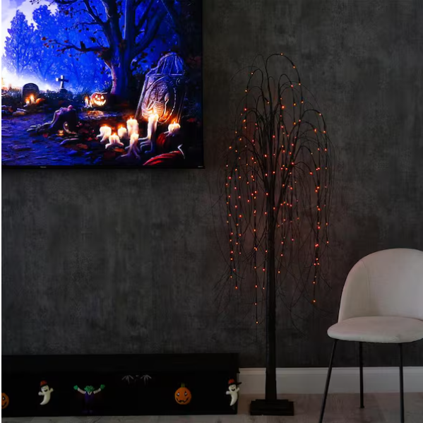 Nearly Natural 6 ft. Artificial Halloween Black Willow Tree Pre-Lit with Orange and Purple LED Lights