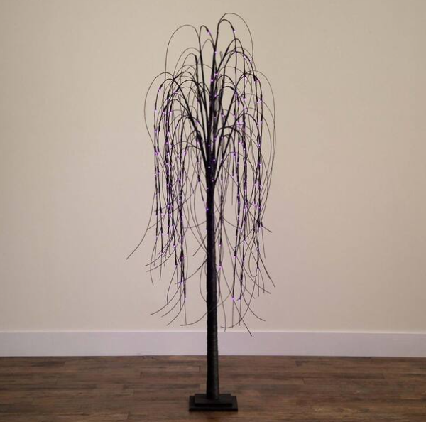 Nearly Natural 6 ft. Artificial Halloween Black Willow Tree Pre-Lit with Orange and Purple LED Lights
