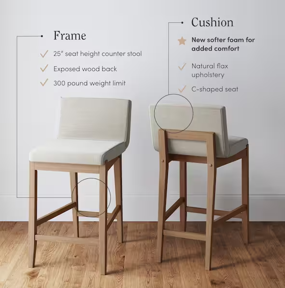 Nathan James Gracie 24 in. Modern Counter Height Bar Stool with Back, Brushed Light Brown Wood Legs, Natural Flax/Brown