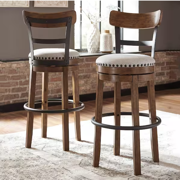 Signature DESIGN BY ASHLEY Valebeck 30.5 in. Brown High Back Wood Bar Height Stool with Polyester Upholstery Seat