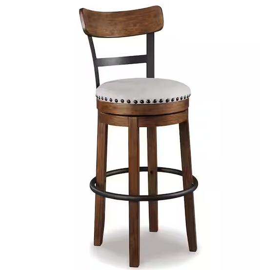 Signature DESIGN BY ASHLEY Valebeck 30.5 in. Brown High Back Wood Bar Height Stool with Polyester Upholstery Seat