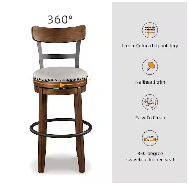 Signature DESIGN BY ASHLEY Valebeck 30.5 in. Brown High Back Wood Bar Height Stool with Polyester Upholstery Seat