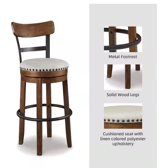 Signature DESIGN BY ASHLEY Valebeck 30.5 in. Brown High Back Wood Bar Height Stool with Polyester Upholstery Seat