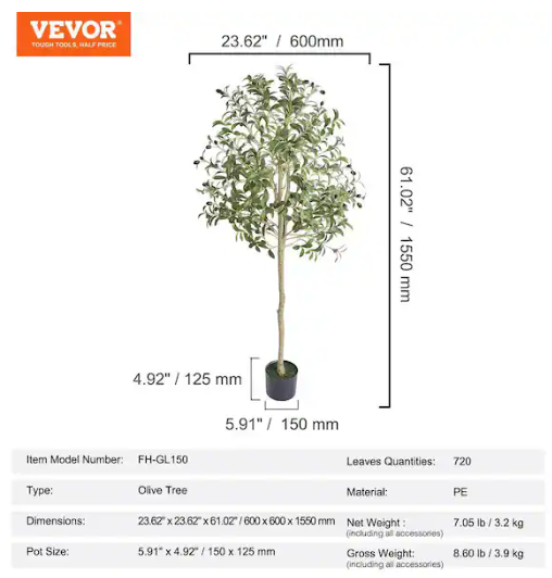 VEVOR 5 ft. Artificial Olive Tree Tall Faux Plant Secure PE Material and Anti-Tip Tilt Protection Low-Maintenance Plant