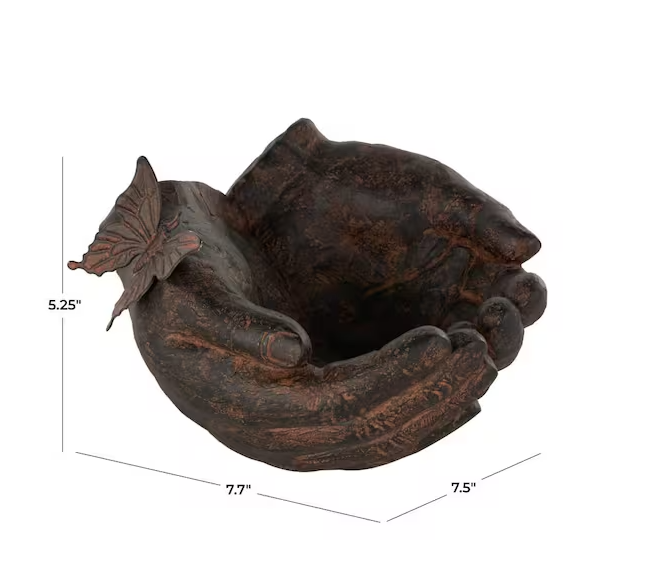 Litton Lane Dark Brown Resin Open Hands Sculpture with Butterfly and Copper Accents