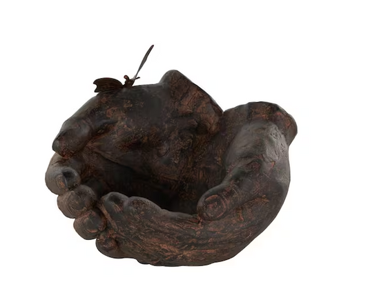 Litton Lane Dark Brown Resin Open Hands Sculpture with Butterfly and Copper Accents