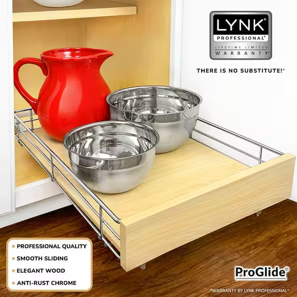 LYNK PROFESSIONAL Slide Out Wood Cabinet Organizer - Pull Out Under Cabinet Sliding Shelf - 14 in. x 21 in. - Wood and Chrome