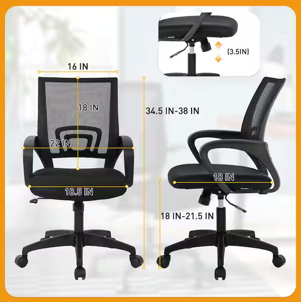 Furniture of America Henry Mesh Cushioned Ergonomic Desk Chair in Black With Non-Adjustable Arms