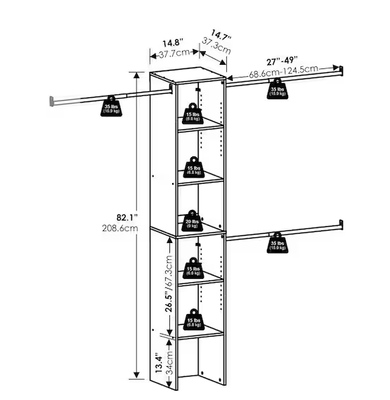 Furinno Fano 42 in. - 112 in. W White 3 Hanging Bars 5-Shelf Wood Closet System