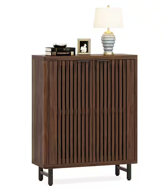 BYBLIGHT Lauren 43.31 in. H x 33.46 in. W Dark Walnut Wood Shoe Storage Cabinet with Adjustable Shelves and Metal Legs