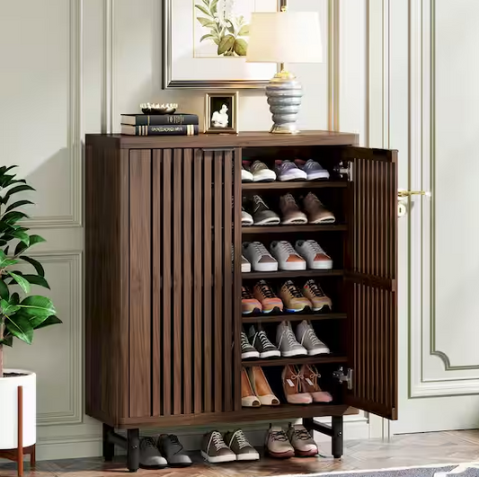BYBLIGHT Lauren 43.31 in. H x 33.46 in. W Dark Walnut Wood Shoe Storage Cabinet with Adjustable Shelves and Metal Legs