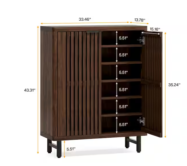 BYBLIGHT Lauren 43.31 in. H x 33.46 in. W Dark Walnut Wood Shoe Storage Cabinet with Adjustable Shelves and Metal Legs