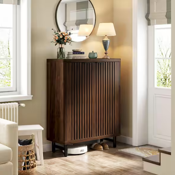 BYBLIGHT Lauren 43.31 in. H x 33.46 in. W Dark Walnut Wood Shoe Storage Cabinet with Adjustable Shelves and Metal Legs