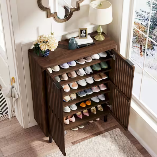 BYBLIGHT Lauren 43.31 in. H x 33.46 in. W Dark Walnut Wood Shoe Storage Cabinet with Adjustable Shelves and Metal Legs