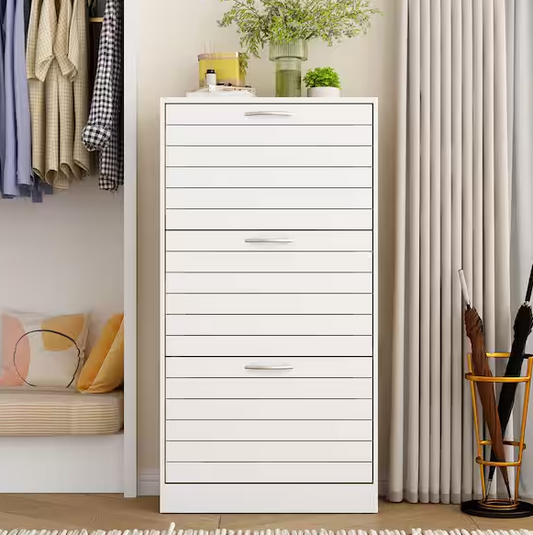 FUFU&GAGA 42.3 in. H x 22.4 in. W White Wooden Shoe Storage Cabinet with Silver Handles and 3-Drawers, for 18 Pairs