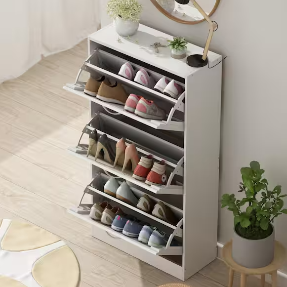FUFU&GAGA 42.3 in. H x 22.4 in. W White Wooden Shoe Storage Cabinet with Silver Handles and 3-Drawers, for 18 Pairs