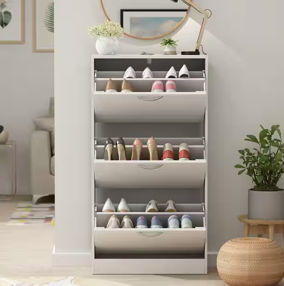 FUFU&GAGA 42.3 in. H x 22.4 in. W White Wooden Shoe Storage Cabinet with Silver Handles and 3-Drawers, for 18 Pairs